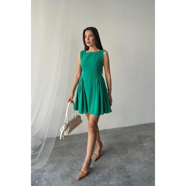 Yeşil Mini Boy Büzgülü Keten Elbise