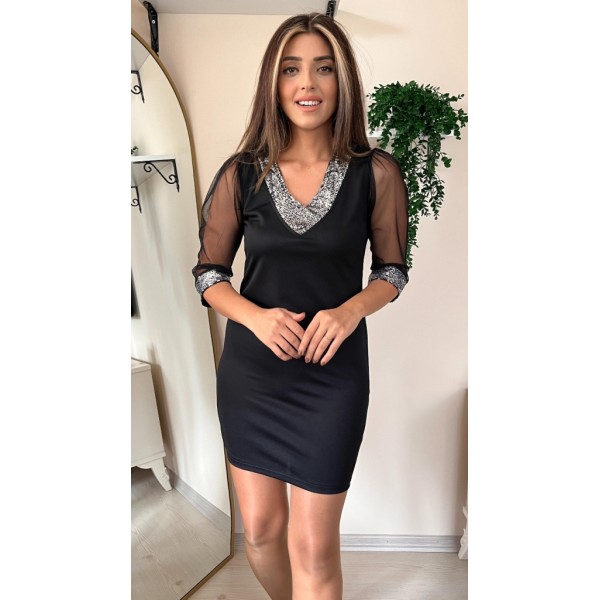 Kadın Uzun Kollu V Yaka Ve Kol Ucu Pul Payet Krep Elbise