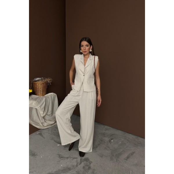 Bej Keten Yelek Pantolon Takım