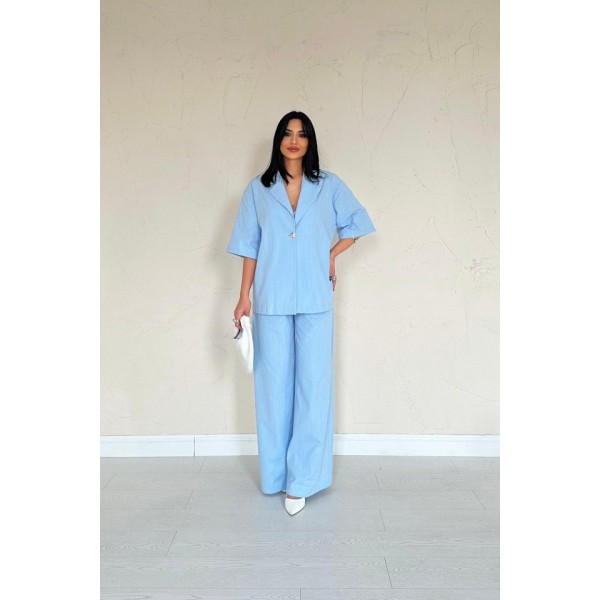 Mavi Önü Tek Düğmeli Ceket Pantolon Takım