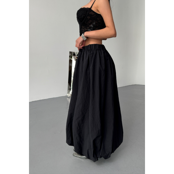 BEL LASTİKLİ BALON ETEK ŞANEL BOY SOFT KUMAŞ - Siyah