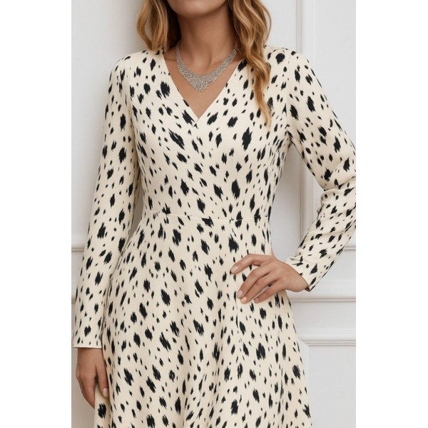 Kadın Uzun Kollu V Yakalı Desenli Kısa Keten Elbise