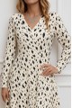 Kadın Uzun Kollu V Yakalı Desenli Kısa Keten Elbise