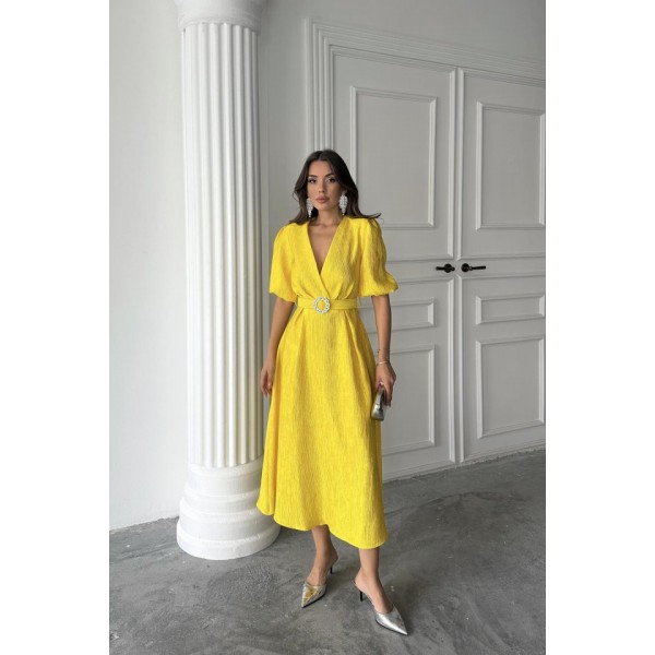 Sarı Işıltılı Kemerli Kruvaze Elbise