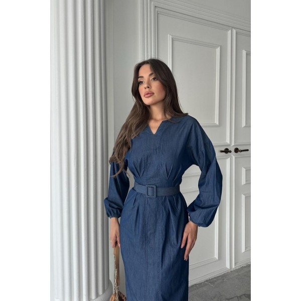 Mavi Tencel Uzun Kollu Elbise