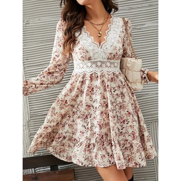 Kadın Uzun Kollu Dantel V Yakalı Mini Desenli Süprem Elbise