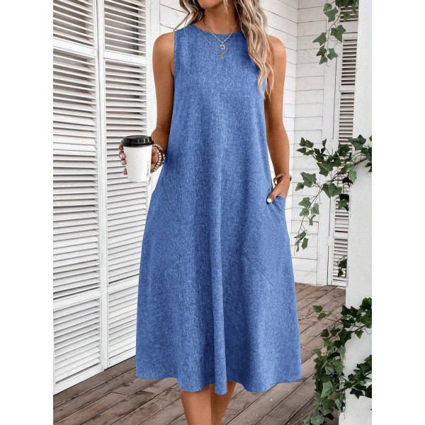 Kadın Kolsuz Bisiklet Yaka Cepli Midi Keten Elbise