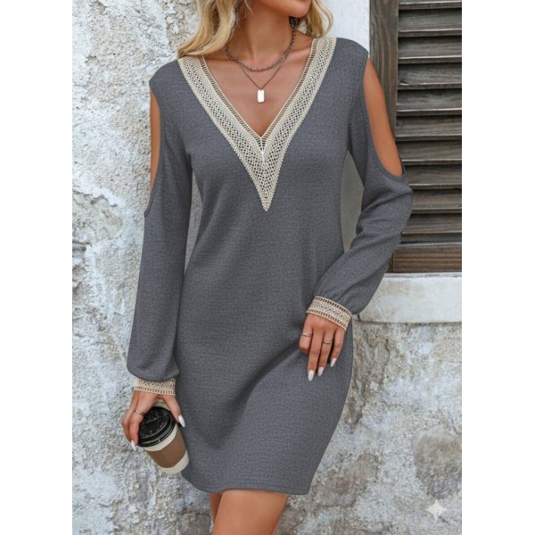Kadın Uzun Kollu Omuzdan Açık V Dantel Yakalı Mini Waffle Elbise
