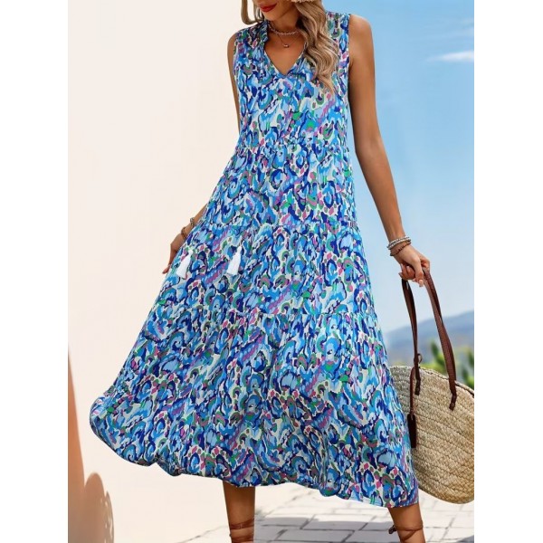 Kadın Askılı Yakası Fırfırlı Bağcıklı Desenli Uzun Süprem Elbise