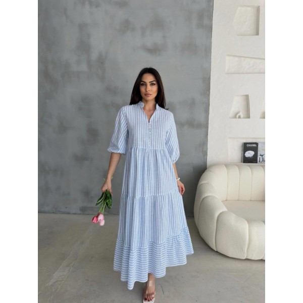 ÇİZGİLİ KETEN HAKİM YAKA DÜĞMELİ SALAŞ ELBİSE - Mavi
