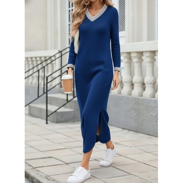 Kadın Uzun Kollu V Yakalı Yanlardan Yırtmaçlı Uzun Viskon Iki Iplik Elbise