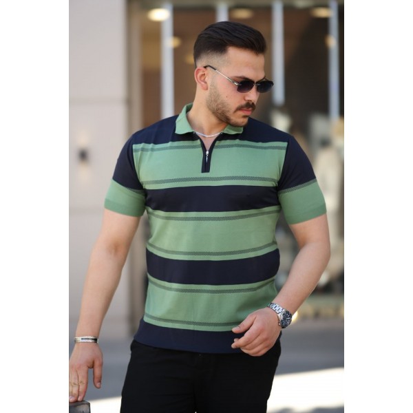 Erkek Yakalı Fermuarlı çift Renk Kısa Kollu T-shirt