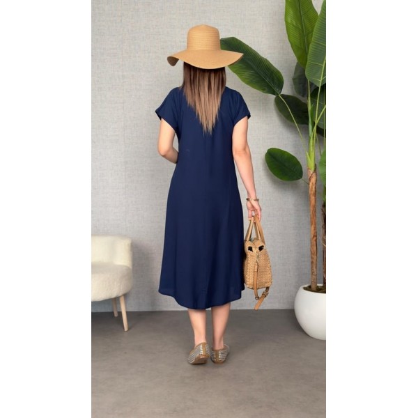 Kadın Kısa Kollu V Yaka Salaş Maxi Boy Elbise