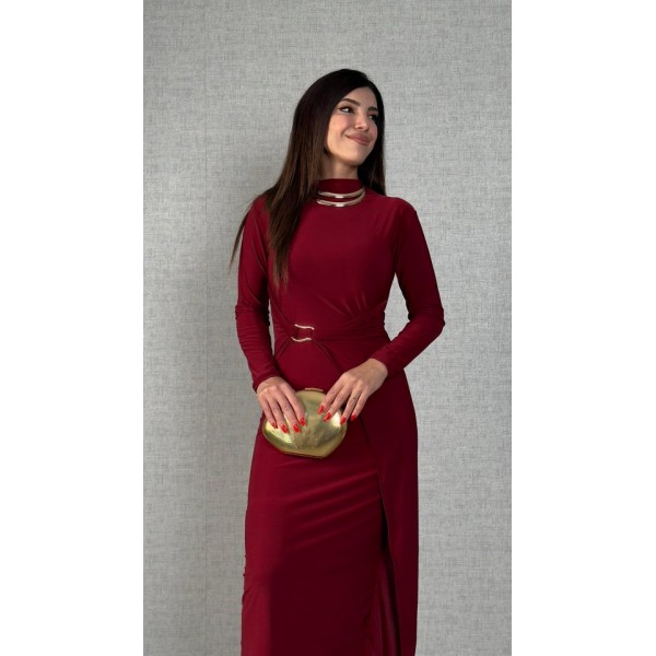 Kadın Balıkçı Yaka Toka Detay Sandy Kumaş Midi Boy Elbise