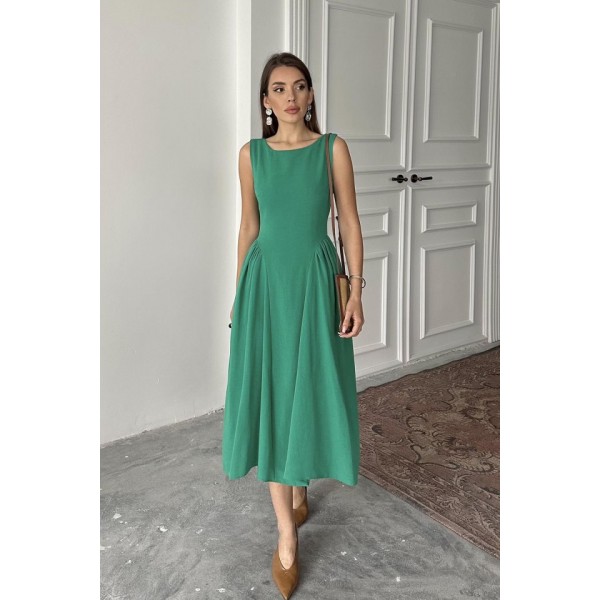 Yeşil Yanları Büzgülü Midi Boy Keten Elbise