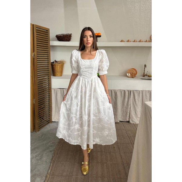 Beyaz Balon Kollu Brode Elbise
