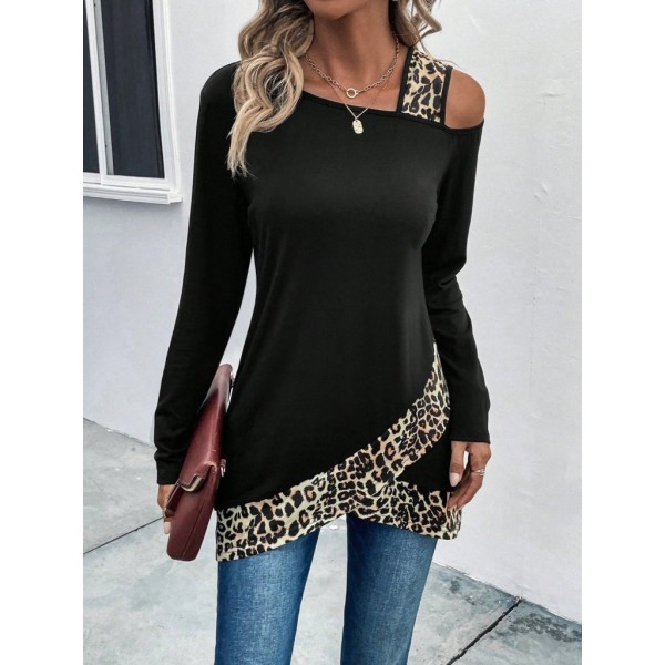 Kadın Tek O Uzdan Açık Askılı Uzun Kollu Leopar Detaylı Viskon Bluz
