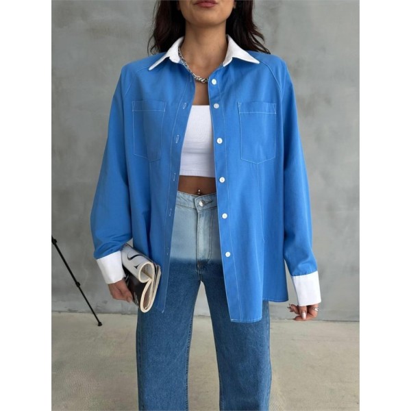 KOL VE MANŞET BEYAZ KAPALI PİLE DETAYLI GÖMLEK - Mavi