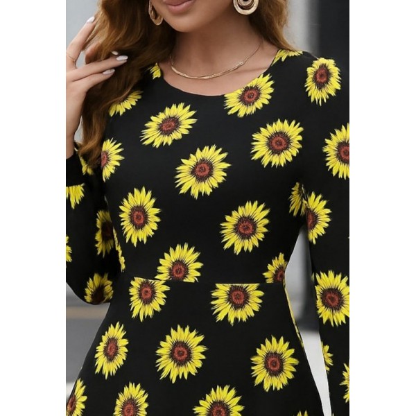 Kadın Uzun Kollu Bisiklet Yaka Desenli Kısa Krep Elbise