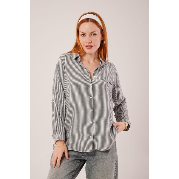 Cep Detay Çizgili Oversize Gri Gömlek