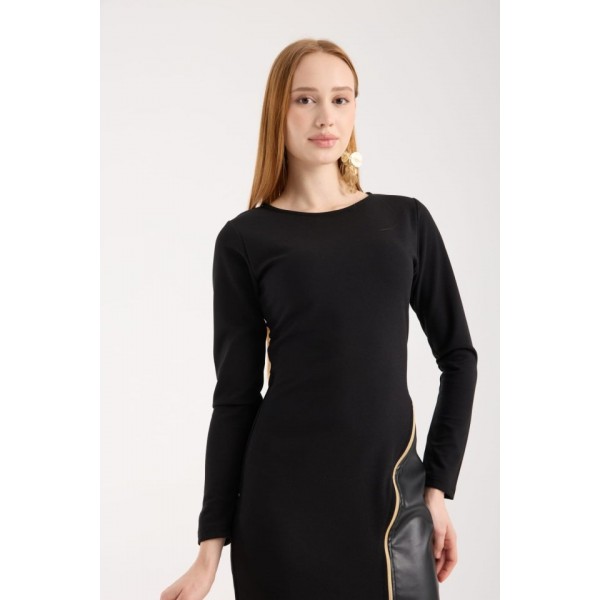 Kadın Bisiklet Yaka Uzun Kollu Deri Ve Fermuar Detay Mini Yırtmaçlı Elbise