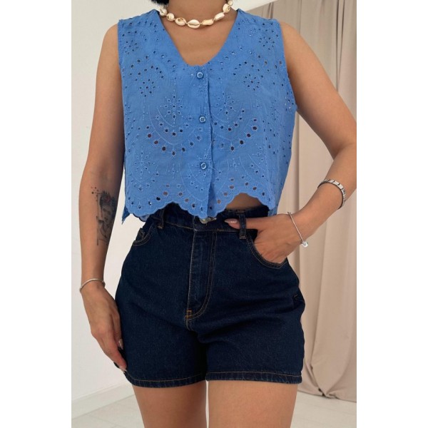 Mavi Sıfır Kol Brode Bluz