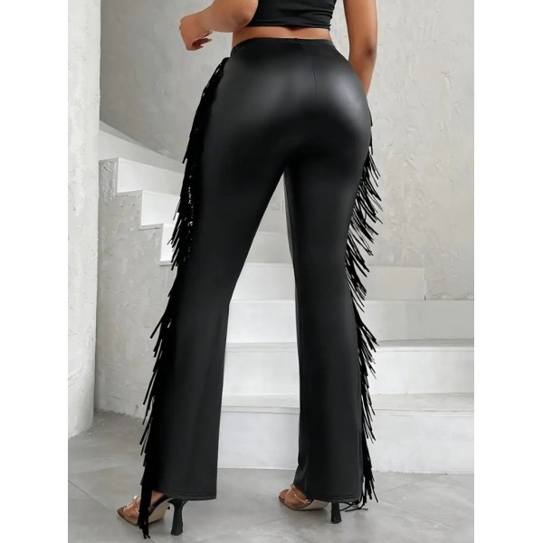 Kadın Yüksek Bel Yanlardan Püsküllü Deri Pantolon