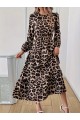 Uzun Kollu Bisiklet Yaka Leopar Desenli Midi Süprem Elbise