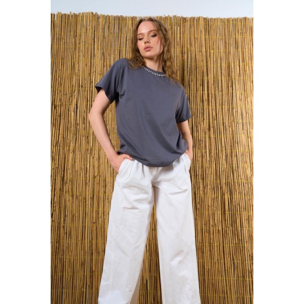 Yakası Taşlı Tshirt - Füme