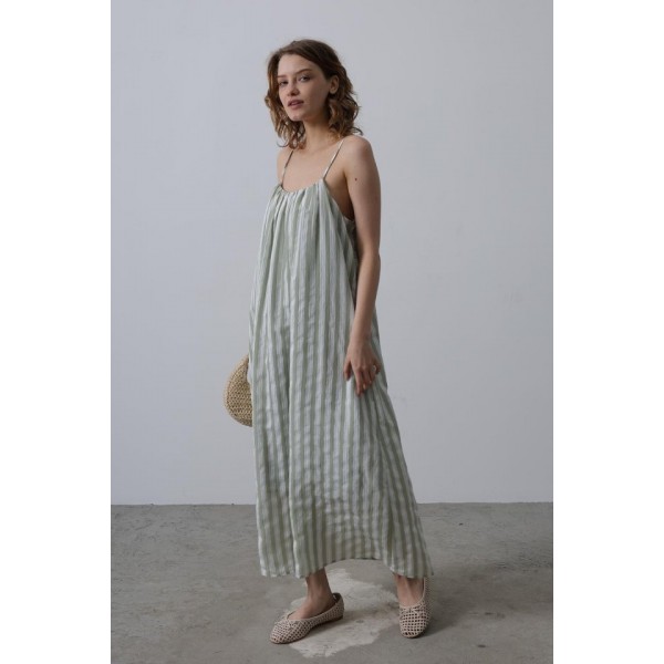 Askılı Çizgi Desen Elbise - Haki