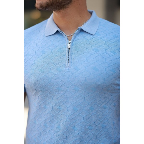 Erkek Fermuar Yakalı Baklava Desen Kısa Kollu Gömlek