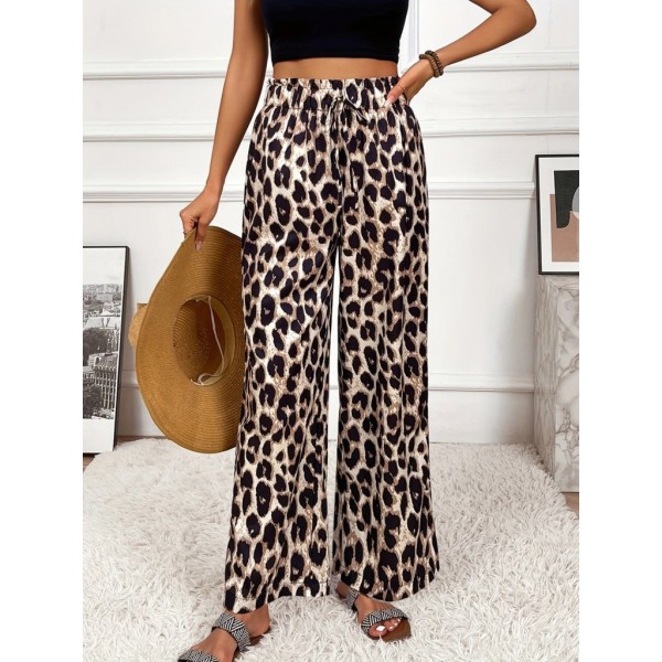 Kadın Yüksek Bel Beli Lastikli Bağcıklı Leopar Desenli Süprem Pantolon