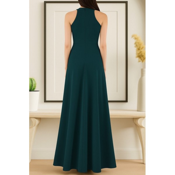 Kadın Kolsuz Halter Yaka Derin Yırtmaç Detaylı Tam Boy Ithal Krep Elbise