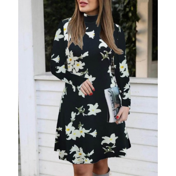 Kadın Balıkçı Yaka Uzun Kollu çiçek Desenli Krep Elbise