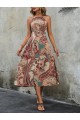 Kadın Kolsuz Boyundan Bağlamalı Beli Lastikli Etnik Desen Baskı Süprem Uzun Elbise