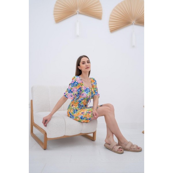 Desenli Boyundan Bağlamalı Desenli Elbise