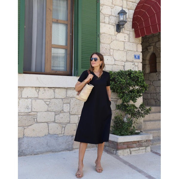 Kadın Kısa Kollu V Yaka Cepli A Kesim Detaylı Viskon Elbise