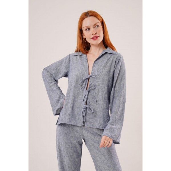 Ön Bağlama Detaylı Pantolon Ve Gömlek İndigo İkili Takım