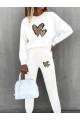 Kadın Uzun Kollu Bisiklet Yaka Kalp Desenli şardonlu üç Iplik Bluz Ve Pantolon Ikili Takım