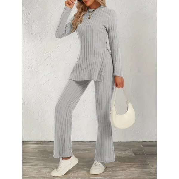 Kadın Uzun Kollu Bisiklet Yaka Yandan Yırtmaçlı şardonlu Kaşkorse Bluz Ve Pantolon Ikili Takım