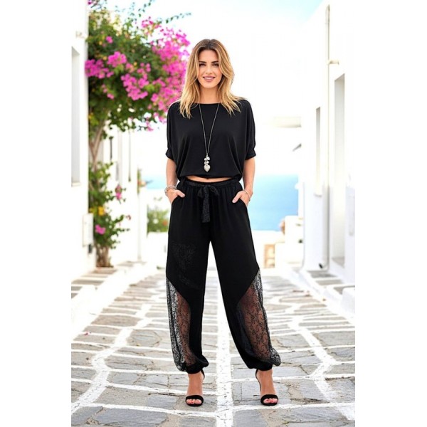 Kadın Dantel Detay Keten Kumaş Beli Lastikli Pantolon