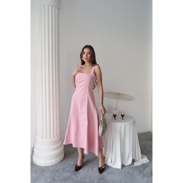 Pembe Çift Dikişli Gabardin Elbise