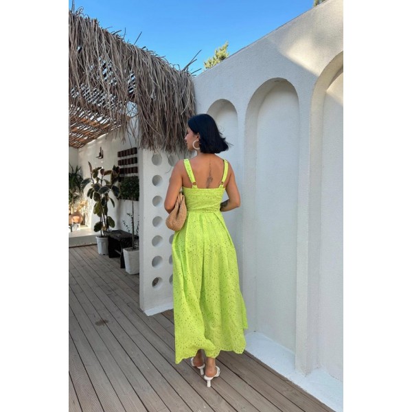 Yağ Yeşili Askılı Aparatlı Brode Elbise