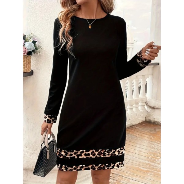 Kadın Uzun Kollu Bisiklet Yaka şerit Leopar Desenli Kısa Dalgıç Elbise