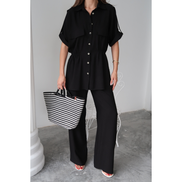 KETEN BELDEN BÜZGÜ DETAYLI GÖMLEK - PANTOLON TAKIM - Siyah