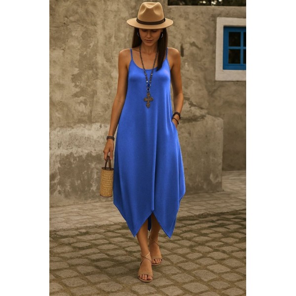 Kadın Askılı V Yakalı Cep Detaylı Asimetrik Kesim Viskon Elbise