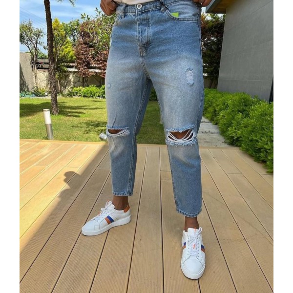 Erkek Buz Mavi Boyfriend Yırtık Detaylı Jean
