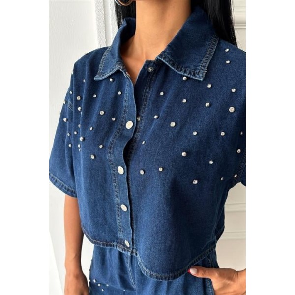 Taş Detaylı Gömlek Şort Denim Takım 10175