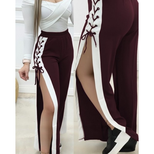 Kadın Yüksek Bel Yandan çapraz Bağcıklı Yırtmaçlı Viskon Iki Iplik Pantolon