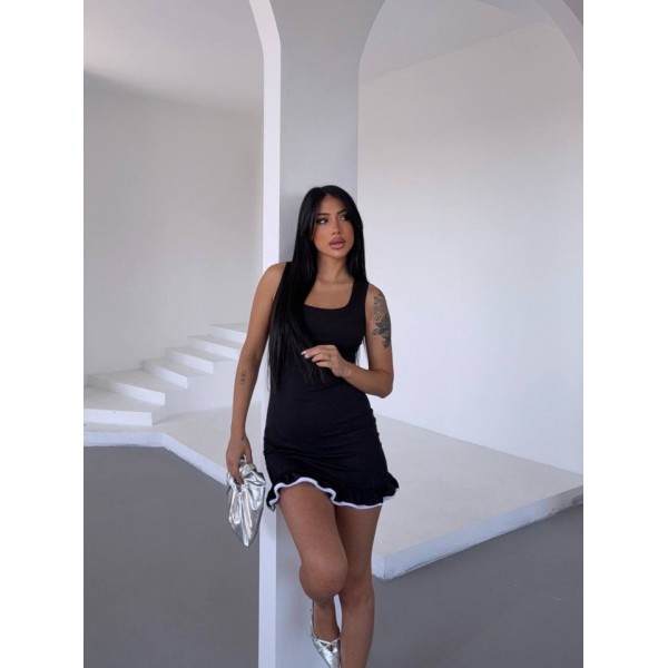 Kadın Kare Yaka Volan Detay Burgu Kumaş Mini Elbise